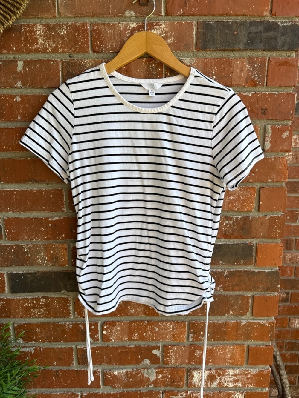 Time and Tru White Tee with Black Stripes and Side Ties